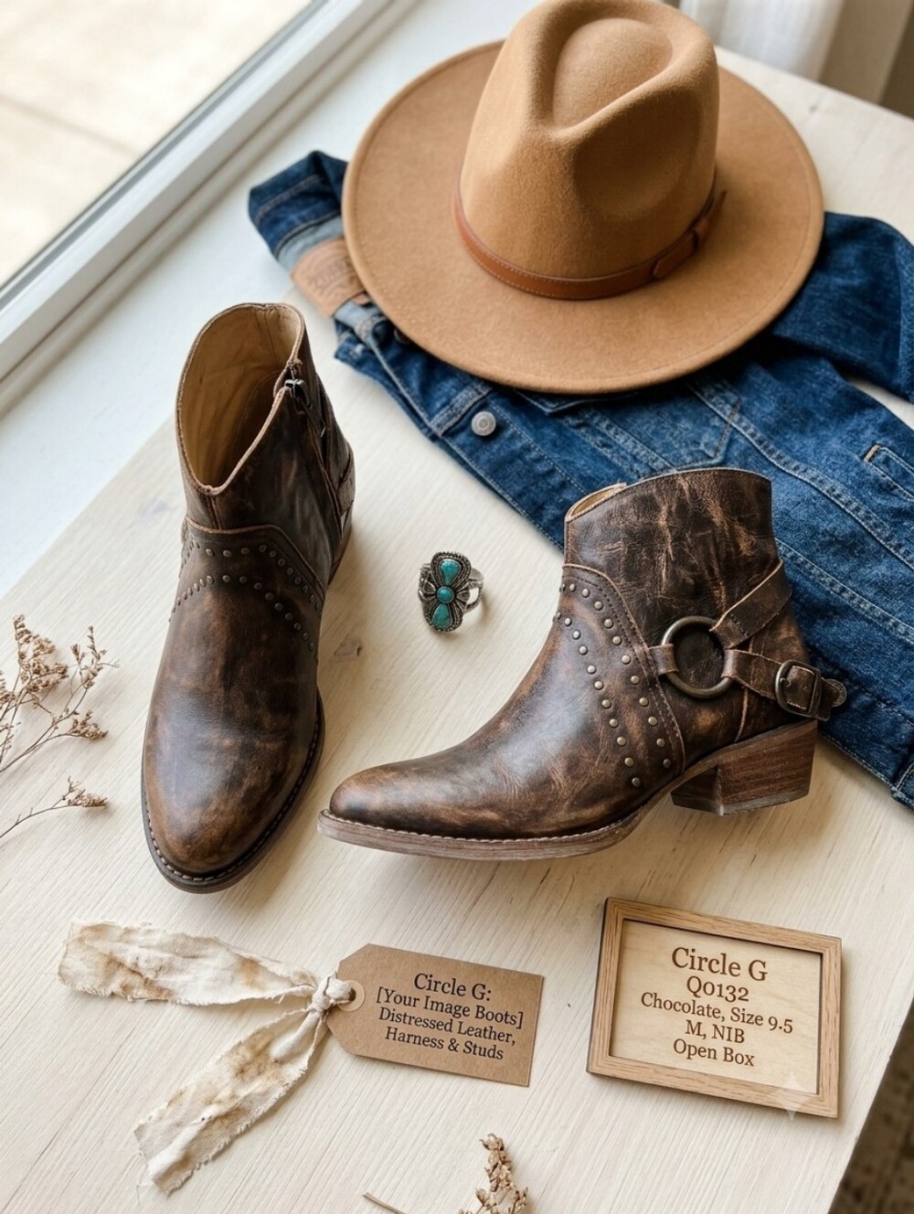 Circle G Corral Chocolate Harness Studded Leather Ankle Boots